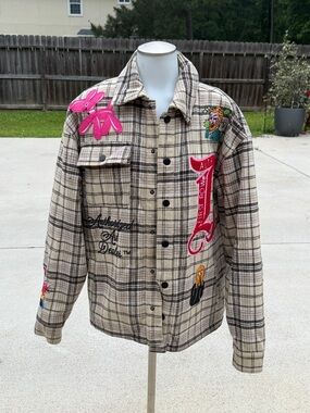 Men's First Row Beige Plaid Patchwork Jacket with Embroidery Accents Medium